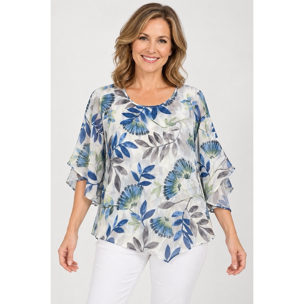 Alfred Dunner Petite Floral Chiffon Blouse Womens 12P Blue Flutter Sleeve Lined